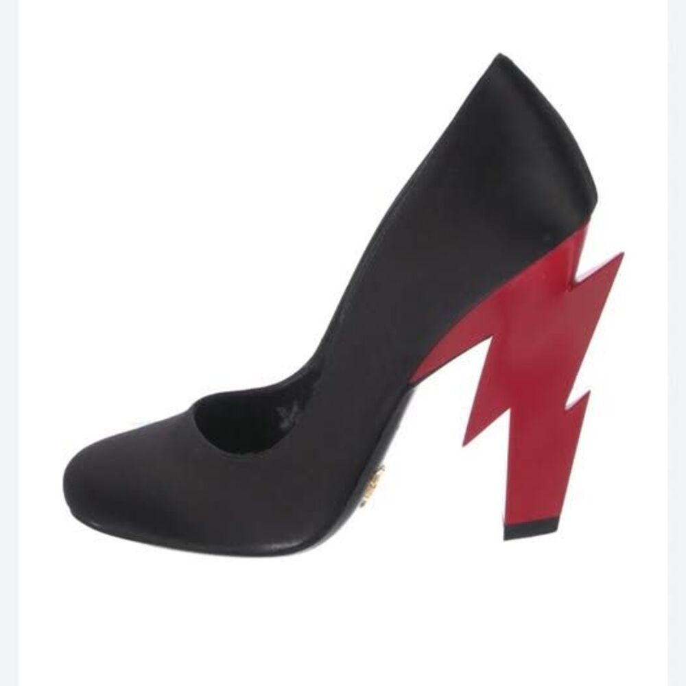 Prada Black Satin Pumps with Red Lightning Bolt Heels Women's Shoes Size 36 - Picture 3 of 9